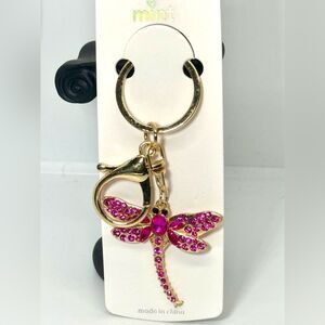 BAG CHARM Pink Crystal Dragonfly Keychain Charm -  Gold Accent